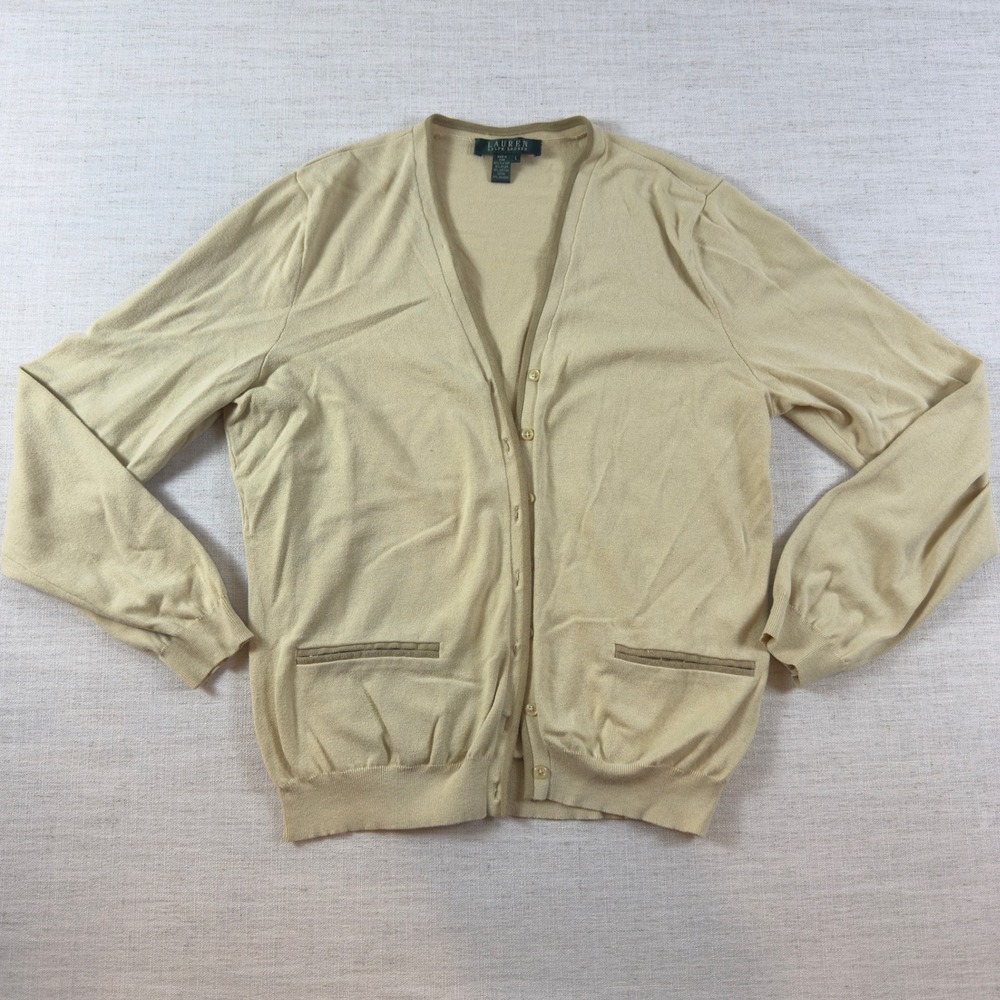 Lauren Ralph Lauren Womens Silk Blend V-Neck Cardigan Sweater Tan Beige Large